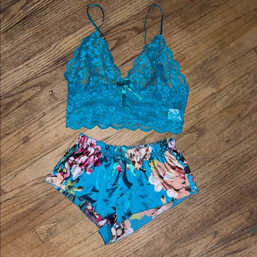 Floral Lace Bralette and Shorts Set - Teal and Multicolor